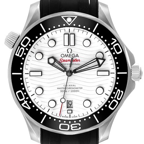This is a front view of an Omega Seamaster 210.30.42.20.04.001 Men's Stainless Steel White Dial 210.30.42.20.04.001 Men's Stainless Steel White Dial watch showing its dial, bezel, and crown.