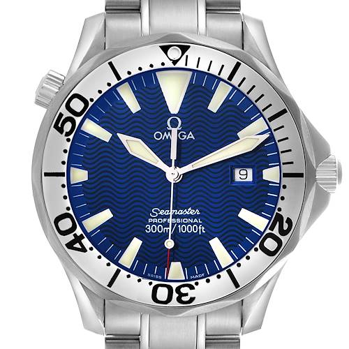The front view of the Omega Seamaster 2265.80.00 Men's Stainless Steel Blue Dial 2265.80.00 Men's Stainless Steel Blue Dial watch shows the dial, bezel, and part of the bracelet.