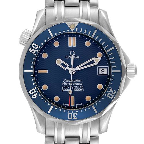 The image shows a front view of the Omega Seamaster 2551.80.00 Men's Stainless Steel Blue Dial 2551.80.00 Men's Stainless Steel Blue Dial, highlighting its dial, bezel, and bracelet.