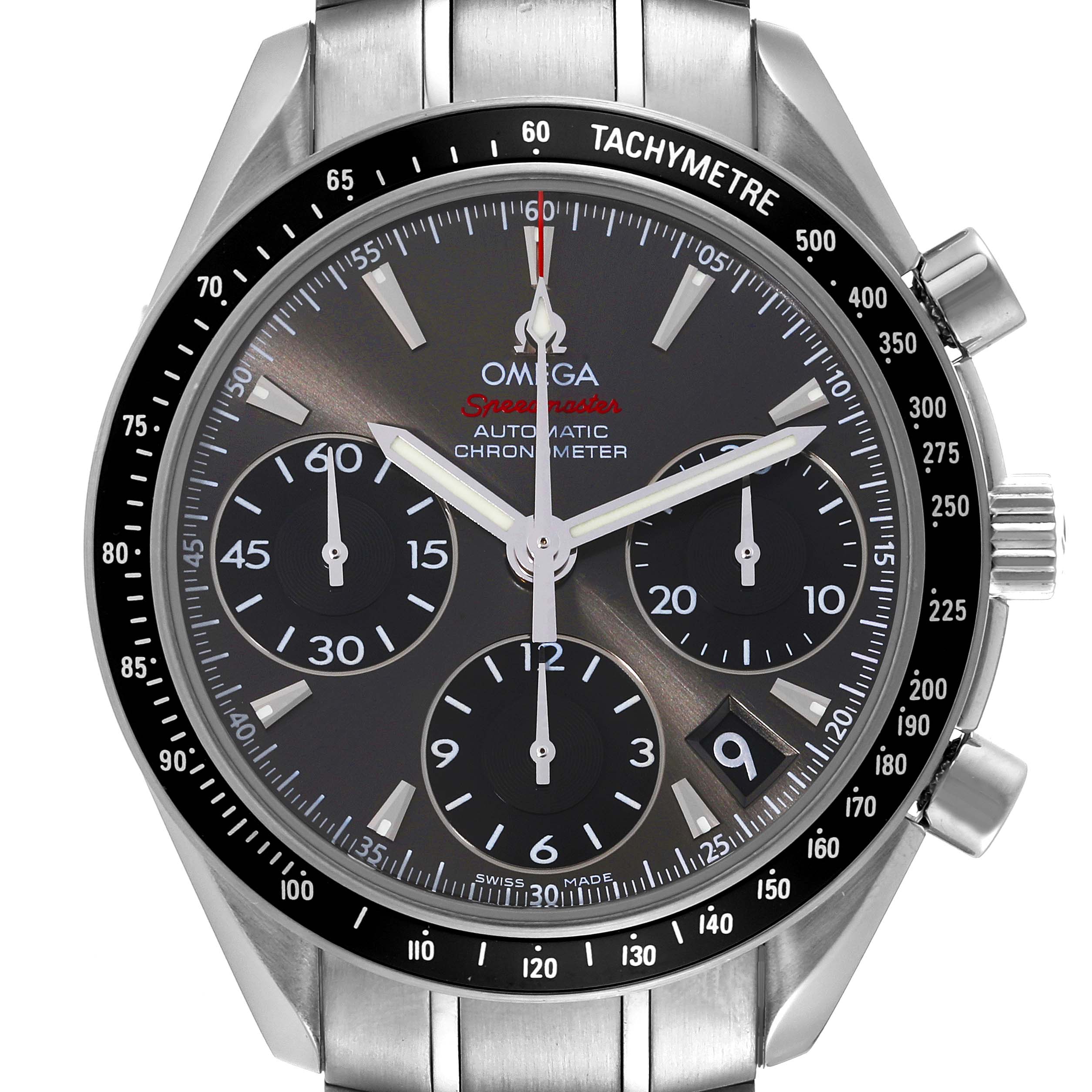 This image shows a front view of the Omega Speedmaster 323.30.40.40.06.001 Men's Stainless Steel Grey Dial 323.30.40.40.06.001 Men's Stainless Steel Grey Dial watch with its face, chronograph dials, and tachymeter bezel visible.