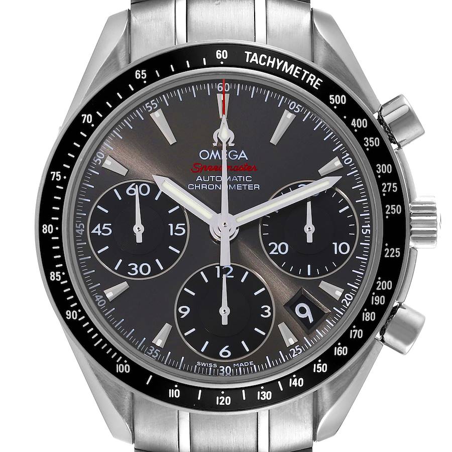 This image shows a front view of the Omega Speedmaster 323.30.40.40.06.001 Men's Stainless Steel Grey Dial 323.30.40.40.06.001 Men's Stainless Steel Grey Dial watch with its face, chronograph dials, and tachymeter bezel visible.