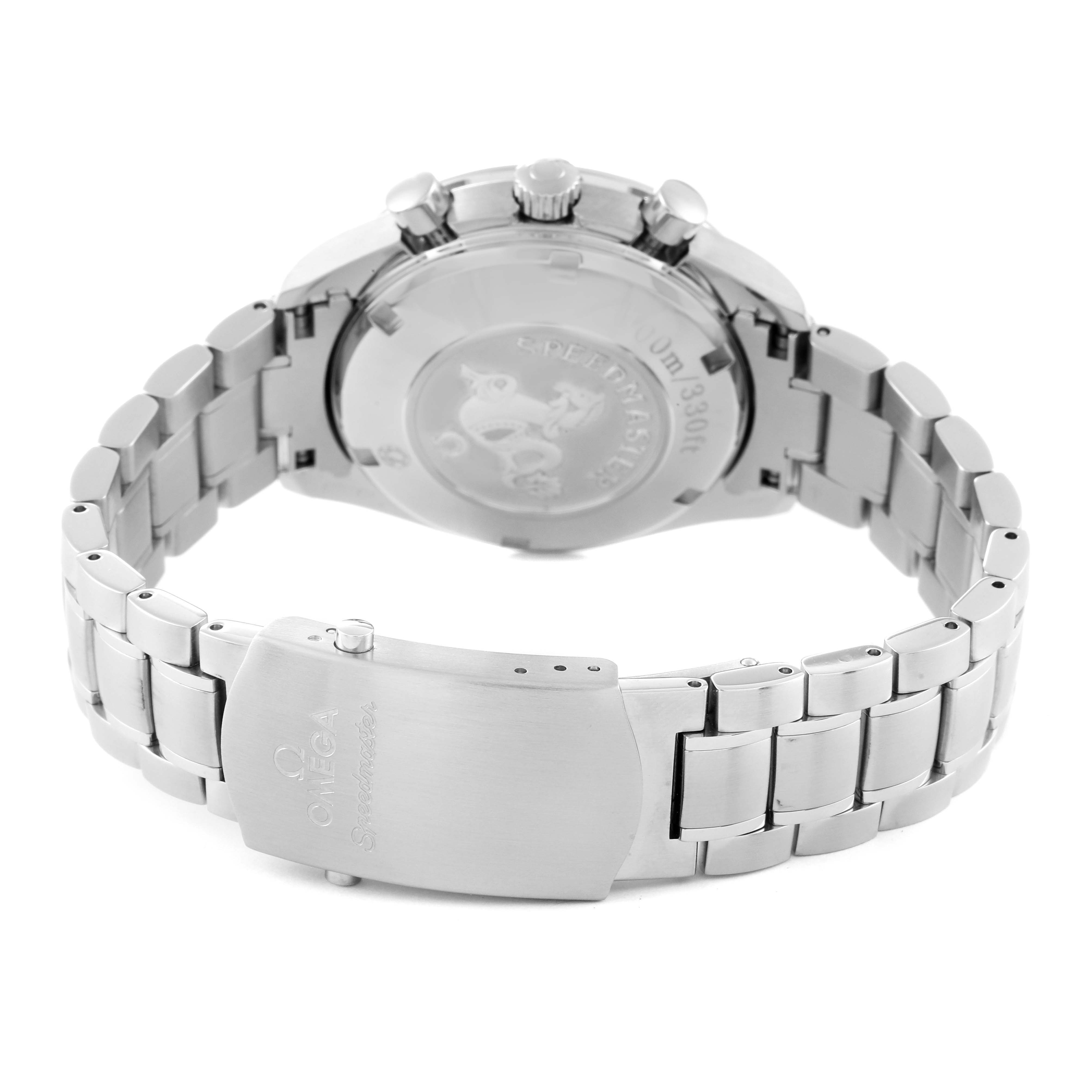 The image shows the back view of the Omega Speedmaster 323.30.40.40.06.001 Men's Stainless Steel Grey Dial 323.30.40.40.06.001 Men's Stainless Steel Grey Dial watch, highlighting the case back and metal bracelet.