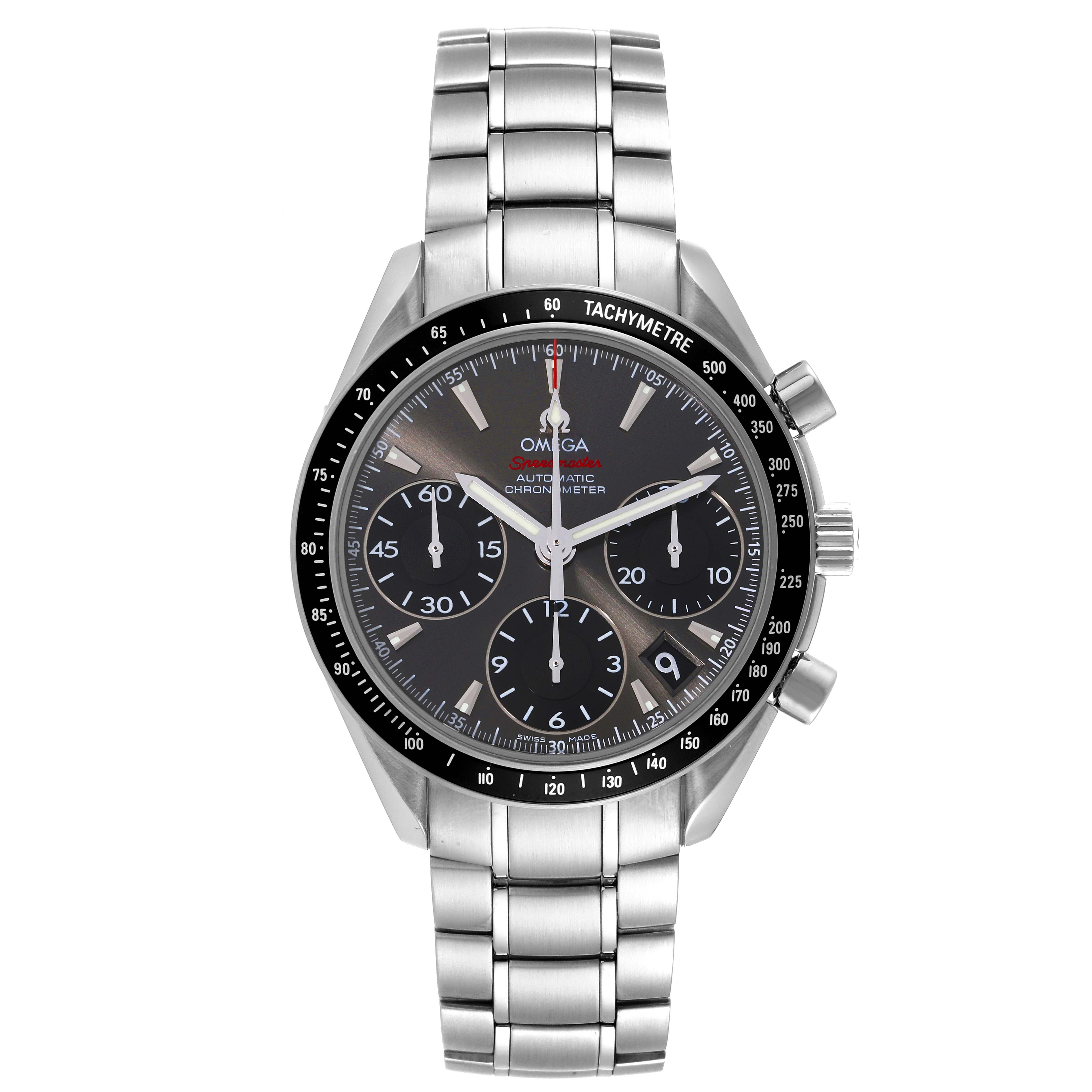 The image shows a front view of an Omega Speedmaster 323.30.40.40.06.001 Men's Stainless Steel Grey Dial 323.30.40.40.06.001 Men's Stainless Steel Grey Dial watch, displaying its dial, tachymeter bezel, and stainless steel bracelet.