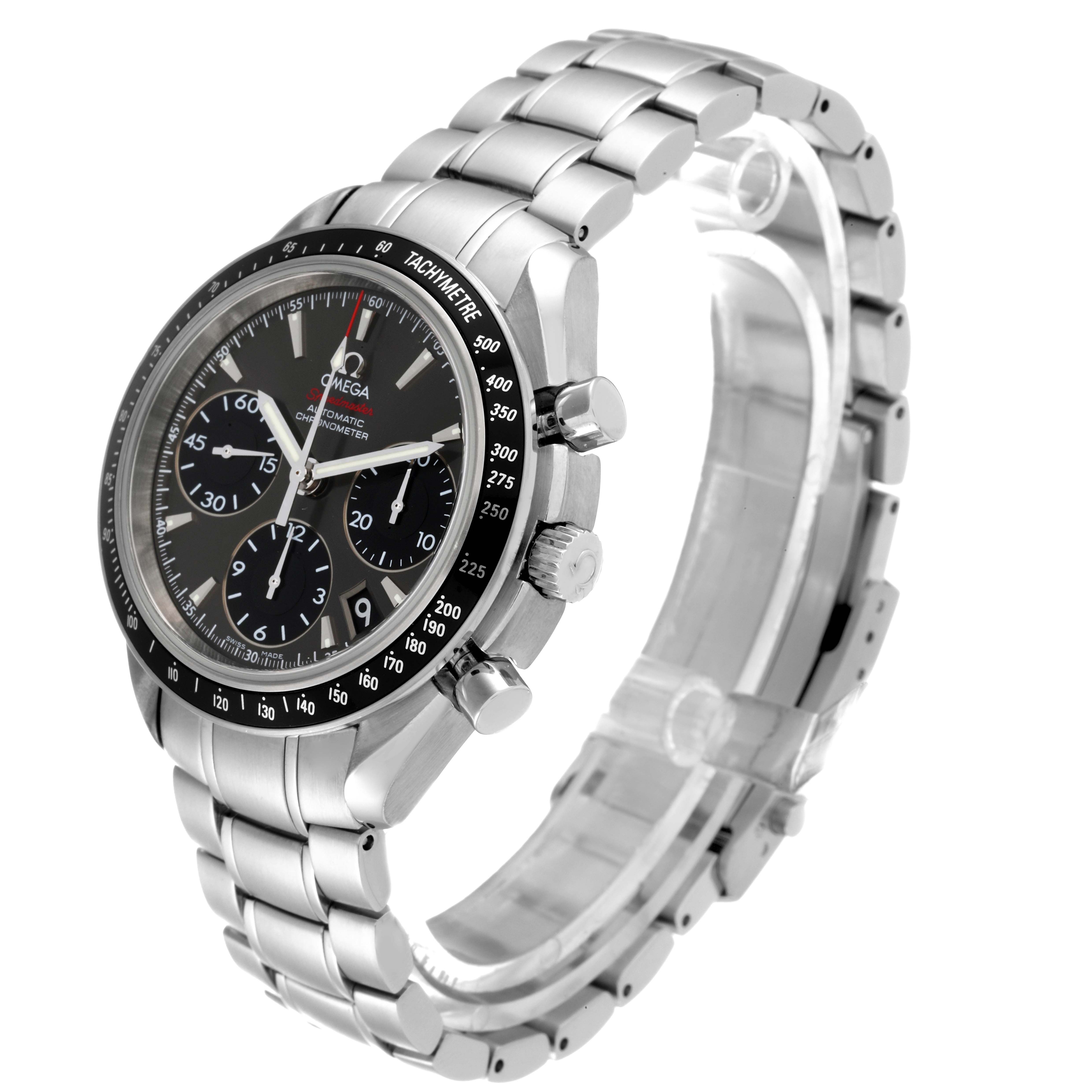 The Omega Speedmaster 323.30.40.40.06.001 Men's Stainless Steel Grey Dial 323.30.40.40.06.001 Men's Stainless Steel Grey Dial watch is shown from a three-quarter angle, displaying the face, chronograph buttons, and stainless steel bracelet.