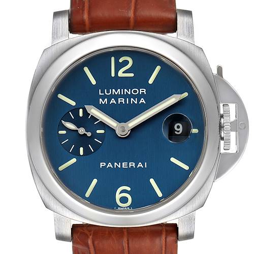 This image shows a front view of the Panerai Luminor PAM00119 Men's Stainless Steel Blue Dial PAM00119 Men's Stainless Steel Blue Dial Marina watch, highlighting the dial, hands, date window, and crown.