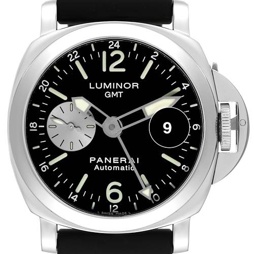The image shows a front view of the Panerai Luminor PAM00088 Men's Stainless Steel Black Dial PAM00088 Men's Stainless Steel Black Dial GMT watch, highlighting the dial, case, and strap attachment.