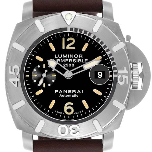 The image shows a frontal view of the Panerai Submersible PAM00194 Men's Titanium Black Dial PAM00194 Men's Titanium Black Dial watch, displaying the dial, bezel, crown guard, and strap connection.