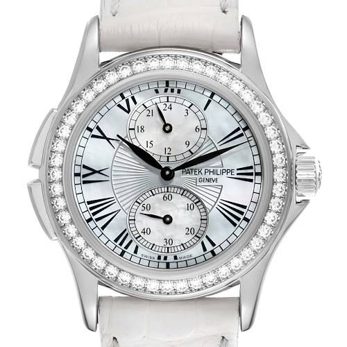 This is a front view of the Patek Philippe Calatrava 4934G-001 Women's White Gold Mother of Pearl Dial 4934G-001 Women's White Gold Mother of Pearl Dial model, showing its face, bezel, and strap.