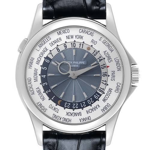 The Patek Philippe Complications 5130P-001 Men's Platinum Silver Dial 5130P-001 Men's Platinum Silver Dial watch is shown from the front, displaying the dial with world time zones.