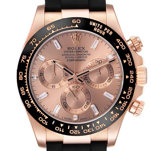 The Rolex Daytona 116515LN Men's Rose Gold Pink Dial 116515LN Men's Rose Gold Pink Dial watch is shown from a front angle, highlighting the dial, bezel, and pushers.