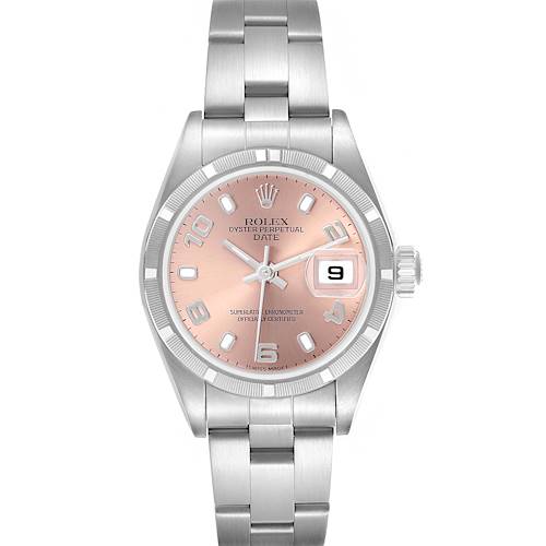 The Rolex Date 79190 Women's Stainless Steel Pink Dial 79190 Women's Stainless Steel Pink Dial watch is shown from the front, highlighting the pink dial, date window, and stainless steel bracelet.