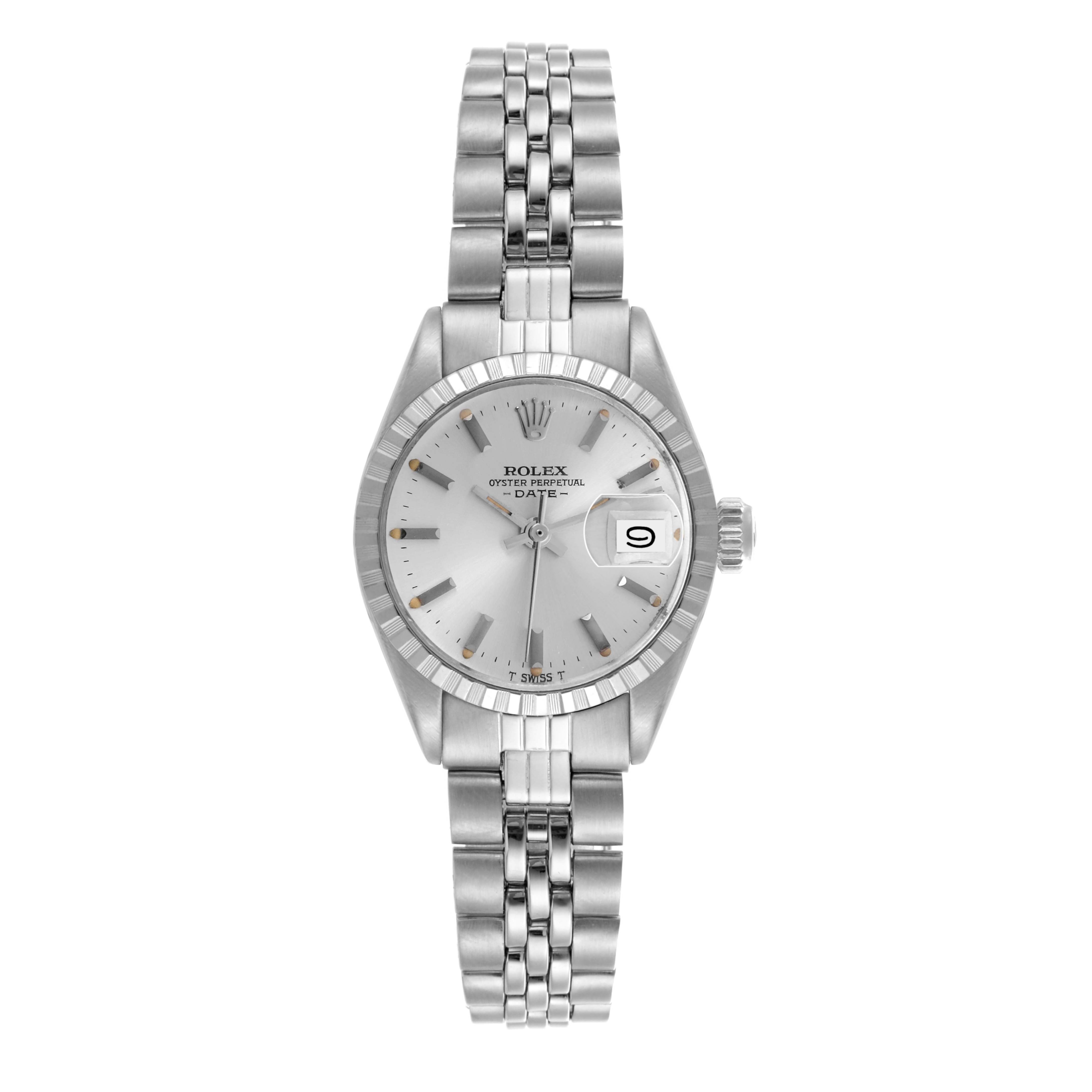 The Rolex Date 6924 Women's Stainless Steel Silver Dial 6924 Women's Stainless Steel Silver Dial model is shown from a front angle, displaying the face, bezel, and stainless steel bracelet.