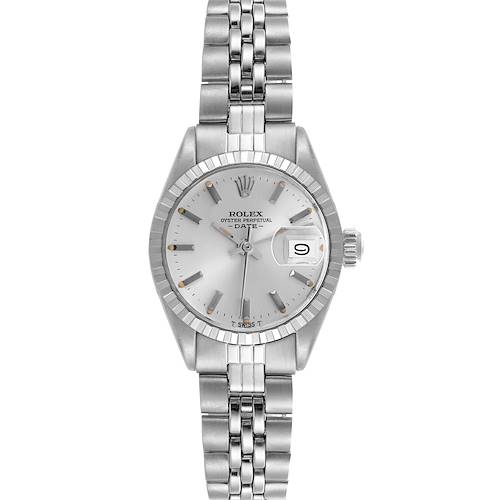 The Rolex Date 6924 Women's Stainless Steel Silver Dial 6924 Women's Stainless Steel Silver Dial watch is shown from a top view, displaying the dial, bezel, bracelet, and crown.