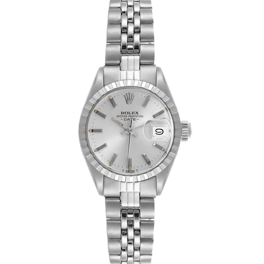 The Rolex Date 6924 Women's Stainless Steel Silver Dial 6924 Women's Stainless Steel Silver Dial watch is shown from a top-down angle, highlighting its dial, bezel, and metal bracelet.