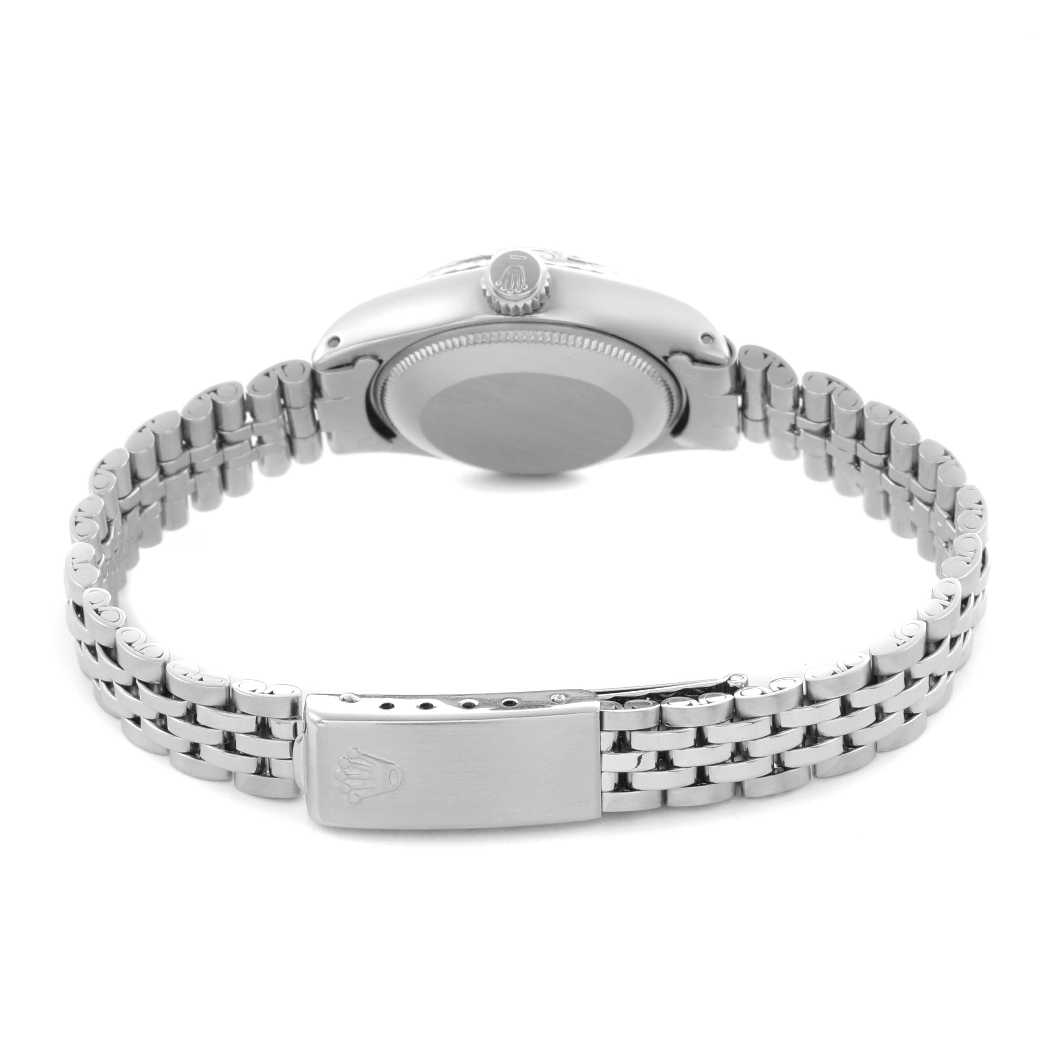 This image shows the back view of a Rolex Date 6924 Women's Stainless Steel Silver Dial 6924 Women's Stainless Steel Silver Dial model watch featuring the case back, crown, and Jubilee bracelet.