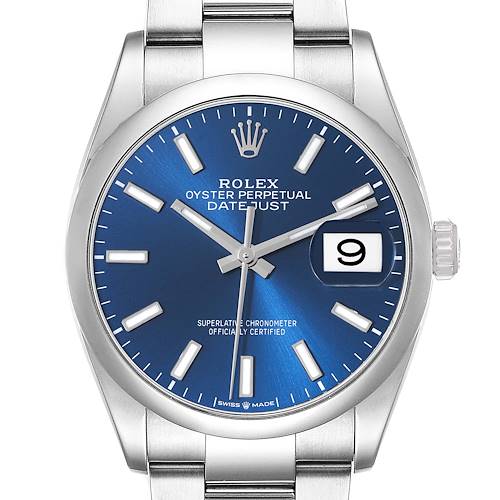 The image shows a frontal view of a Rolex Datejust 126200 Men's Stainless Steel Blue Dial 126200 Men's Stainless Steel Blue Dial watch, highlighting its blue dial, date window, and stainless steel bracelet.