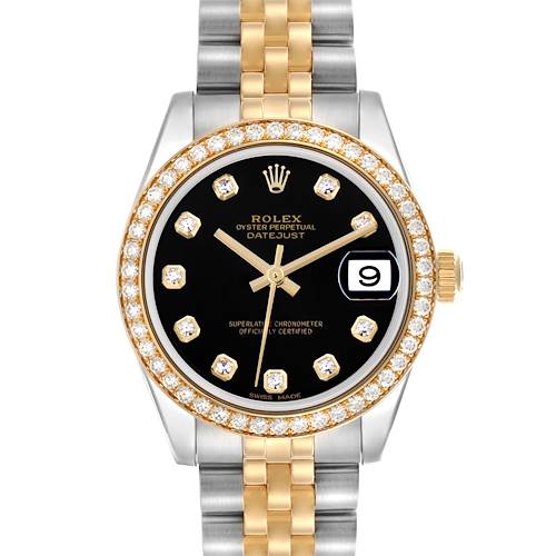 The Rolex Datejust Mid-Size watch is shown from the front, featuring a black dial, diamond markers, gold bezel, and two-tone bracelet.