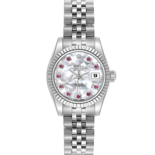 The image shows a Rolex Datejust 179174 Women's Stainless Steel Mother of Pearl Dial 179174 Women's Stainless Steel Mother of Pearl Dial from a front angle, highlighting the dial, bezel, bracelet, and date feature.