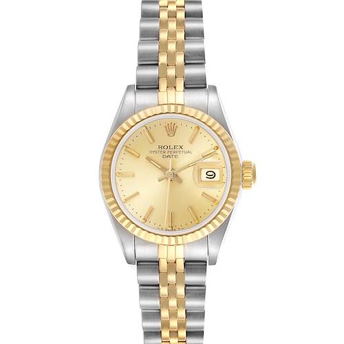 The Rolex Datejust 69173 Women's Steel and Gold (two tone) Champagne Dial 69173 Women's Steel and Gold (two tone) Champagne Dial is shown from the front, highlighting the face, two-tone bracelet, and fluted bezel.