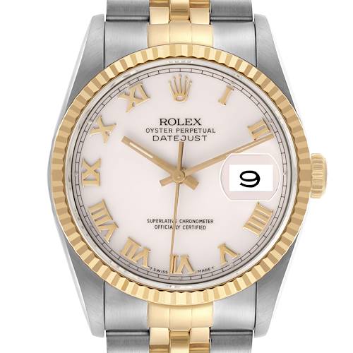 The Rolex Datejust 16233 Men's Steel and Gold (two tone) White Dial 16233 Men's Steel and Gold (two tone) White Dial watch is shown from a front angle, highlighting its dial, bezel, and part of the bracelet.