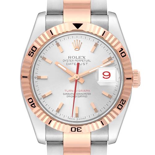 The Rolex Turn-o-Graph 116261 Men's Steel and Gold (two tone) Silver Dial 116261 Men's Steel and Gold (two tone) Silver Dial watch is shown from a front view, displaying the face, bezel, crown, and bracelet.