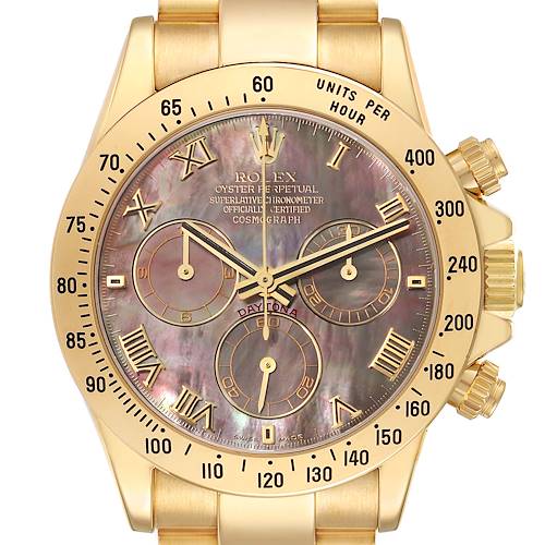 This image shows a top-down view of the Rolex Daytona 116528 Men's Yellow Gold Mother of Pearl Dial 116528 Men's Yellow Gold Mother of Pearl Dial watch, highlighting its dial, bezel, and crown.