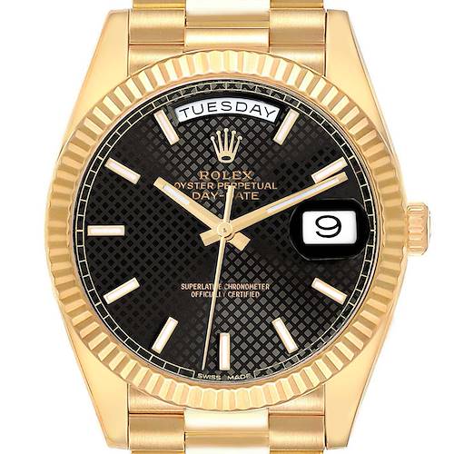 The image shows a close-up view of the Rolex President 228238 Men's Yellow Gold Black Dial 228238 Men's Yellow Gold Black Dial model watch, highlighting its dial, bezel, and part of the bracelet.
