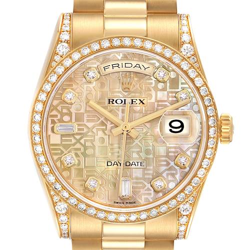 The Rolex President 118388 Men's Yellow Gold Mother of Pearl Dial 118388 Men's Yellow Gold Mother of Pearl Dial model watch is shown from the front, displaying the dial, bezel, and part of the bracelet.
