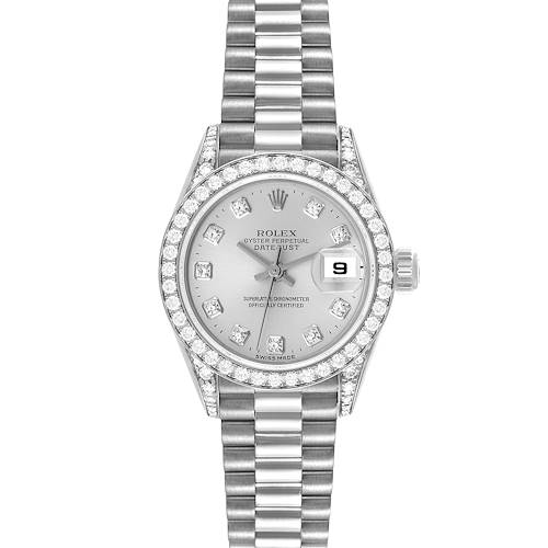 The image shows a top-down view of the Rolex President 79159 Women's White Gold Silver Dial 79159 Women's White Gold Silver Dial model watch, featuring its dial, bezel, and bracelet.