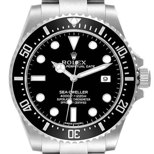 The Rolex Sea-Dweller model 116600 men's watch is shown head-on, highlighting the bezel, dial, crown, and part of the bracelet.