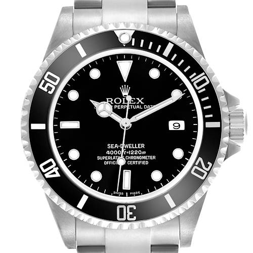 The Rolex Sea-Dweller 16600 Men's Stainless Steel Black Dial 16600 Men's Stainless Steel Black Dial watch is shown from the front, displaying the dial, bezel, crown, and part of the bracelet.