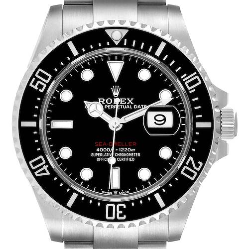 This image shows a front view of the Rolex Sea-Dweller 126600 Men's Stainless Steel Black Dial 126600 Men's Stainless Steel Black Dial watch, highlighting the dial, bezel, and crown.