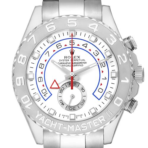 The Rolex Yacht-Master 116689 Men's Platinum White Dial 116689 Men's Platinum White Dial watch is shown from a front view, highlighting the dial, bezel, case, and crown.