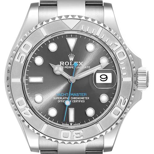 The image shows a front view of the Rolex Yacht-Master 126622 Men's Stainless Steel Grey Dial 126622 Men's Stainless Steel Grey Dial watch, highlighting the dial, bezel, and bracelet.
