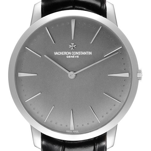 The Vacheron Constantin Patrimony 81180/000P-9539 Men's Platinum Grey Dial 81180/000P-9539 Men's Platinum Grey Dial watch is shown from a front angle, displaying the face, hands, and part of the strap.
