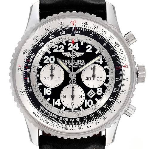 The image shows a front view of a Breitling Navitimer A22322 Men's Stainless Steel Black Dial A22322 Men's Stainless Steel Black Dial watch, highlighting its dial, markers, chronograph subdials, and bezel.