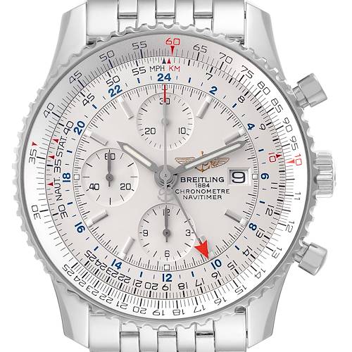 This image shows a front view of the Breitling Navitimer A24322 Men's Stainless Steel Silver Dial A24322 Men's Stainless Steel Silver Dial watch, displaying the dial, bezel, subdials, and bracelet.