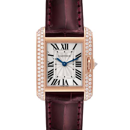 This image shows a frontal view of the Cartier Tank Anglaise WT100013 Women's Rose Gold Silver Dial WT100013 Women's Rose Gold Silver Dial watch, featuring a rectangular dial, leather strap, and diamond accents.