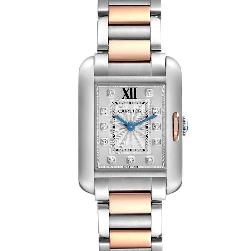 The Cartier Tank Anglaise WT100024 Women's Steel and Gold (two tone) Silver Dial WT100024 Women's Steel and Gold (two tone) Silver Dial watch is shown from the front, highlighting its rectangular face, diamond markers, and two-tone bracelet.