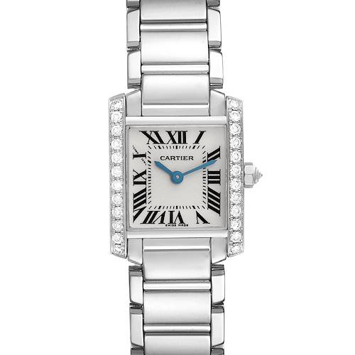The Cartier Tank Francaise WE1002S3 Women's White Gold Silver Dial WE1002S3 Women's White Gold Silver Dial watch is shown from a top-down angle, highlighting its face, bracelet, and diamond-set bezel.