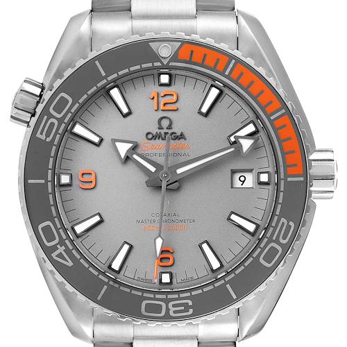 The image shows the face of the Omega Planet Ocean 215.90.44.21.99.001 Men's Titanium Grey Dial 215.90.44.21.99.001 Men's Titanium Grey Dial model, highlighting the dial, bezel, crown, and date window.