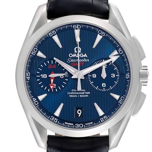The Omega Aqua Terra 231.13.43.52.03.001 Men's Stainless Steel Blue Dial 231.13.43.52.03.001 Men's Stainless Steel Blue Dial watch is shown from the front, highlighting its blue dial, subdials, and the bezel.