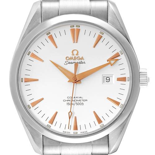 The image shows the Omega Aqua Terra 2502.34.00 Men's Stainless Steel Silver Dial 2502.34.00 Men's Stainless Steel Silver Dial watch face directly, highlighting its dial, hands, date window, and part of the bracelet.