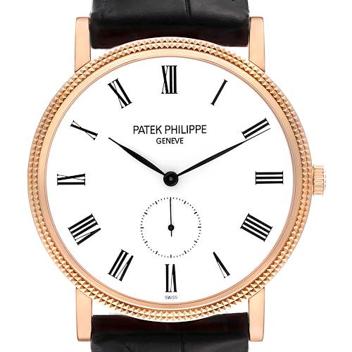 The image shows a front view of the Patek Philippe Calatrava 5119R-001 Men's Rose Gold White Dial 5119R-001 Men's Rose Gold White Dial watch, highlighting the dial, hands, and part of the leather strap.