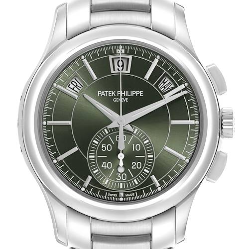 The Patek Philippe Complications 5905/1A-001 Men's Stainless Steel Green Dial 5905/1A-001 Men's Stainless Steel Green Dial watch is shown from a front angle, displaying the green dial, subdials, and metal bracelet.