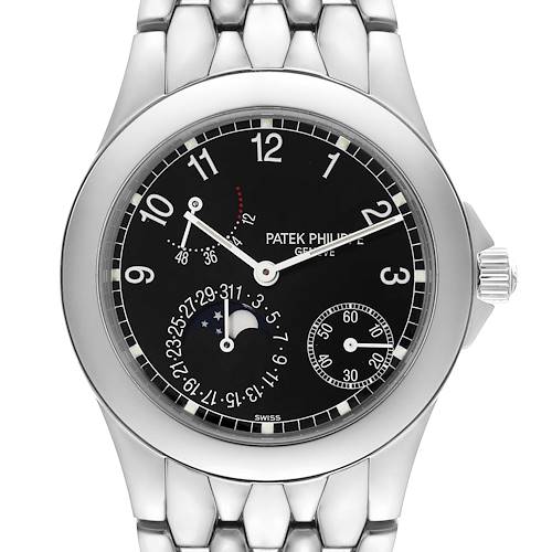The image shows a front view of the Patek Philippe Neptune 5085/1A-001 Men's Stainless Steel Black Dial 5085/1A-001 Men's Stainless Steel Black Dial model watch with its black dial and intricate subdials.