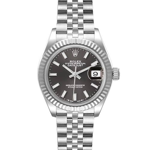 This image shows a front view of a Rolex Datejust 279174 Women's Stainless Steel Grey Dial 279174 Women's Stainless Steel Grey Dial watch, highlighting its dial, bezel, and bracelet.