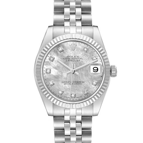 The Rolex Mid-Size 178274 Women's Stainless Steel Mother of Pearl Dial 178274 Women's Stainless Steel Mother of Pearl Dial Oyster Perpetual Datejust is shown from the front, displaying its dial, bezel, bracelet, and crown.