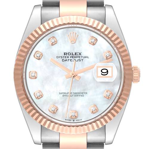 This is a close-up image of the Rolex Datejust 41 126331 Men's Steel and Gold (two tone) Mother of Pearl Dial 126331 Men's Steel and Gold (two tone) Mother of Pearl Dial, showing the face, bezel, hands, and part of the strap.