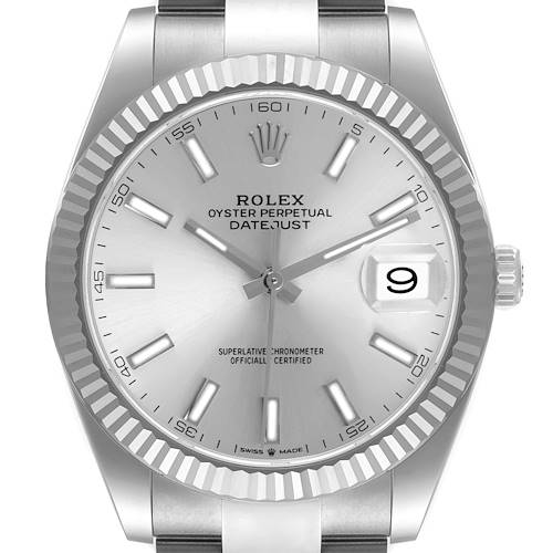 The Rolex Datejust 41 126334 Men's Stainless Steel Silver Dial 126334 Men's Stainless Steel Silver Dial watch is shown from a front angle, highlighting the dial, fluted bezel, and bracelet.
